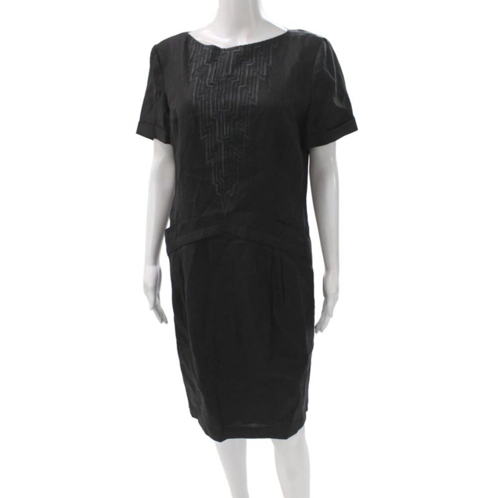 Louis Feraud Womens Sheath Dress Black Linen Geometric Short Sleeve Size 14